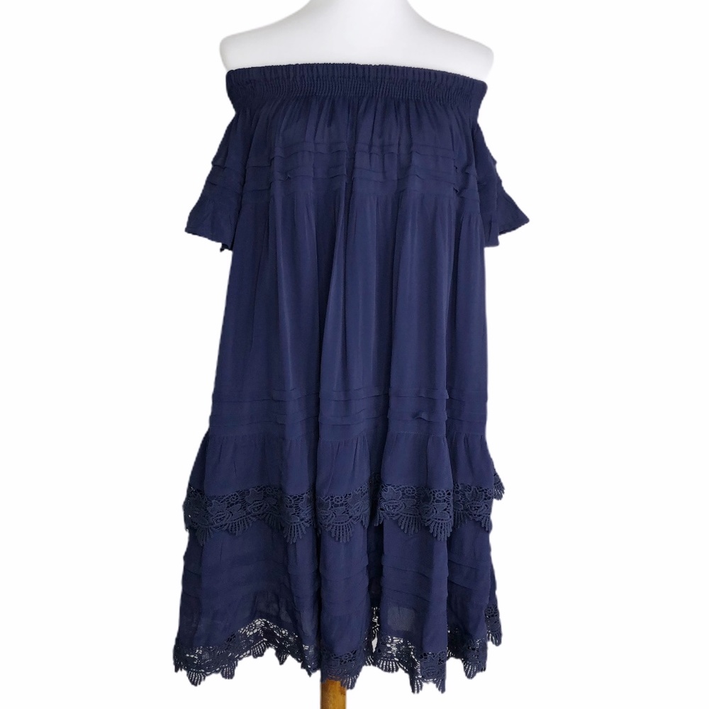 VASNA Off The Shoulder Short Sleeve Dress Blue Lace Accents Sz. S